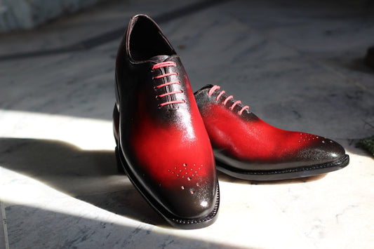 Handmade Men's Red and Black Derby Shoes with Closed lacing