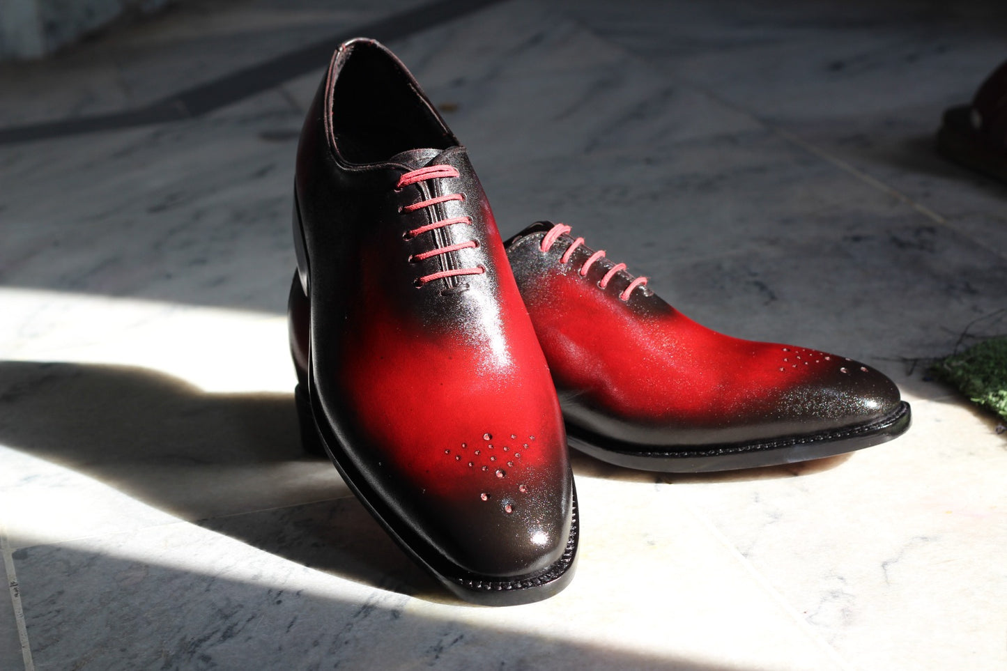 Handmade Men's Red and Black Derby Shoes with Closed lacing