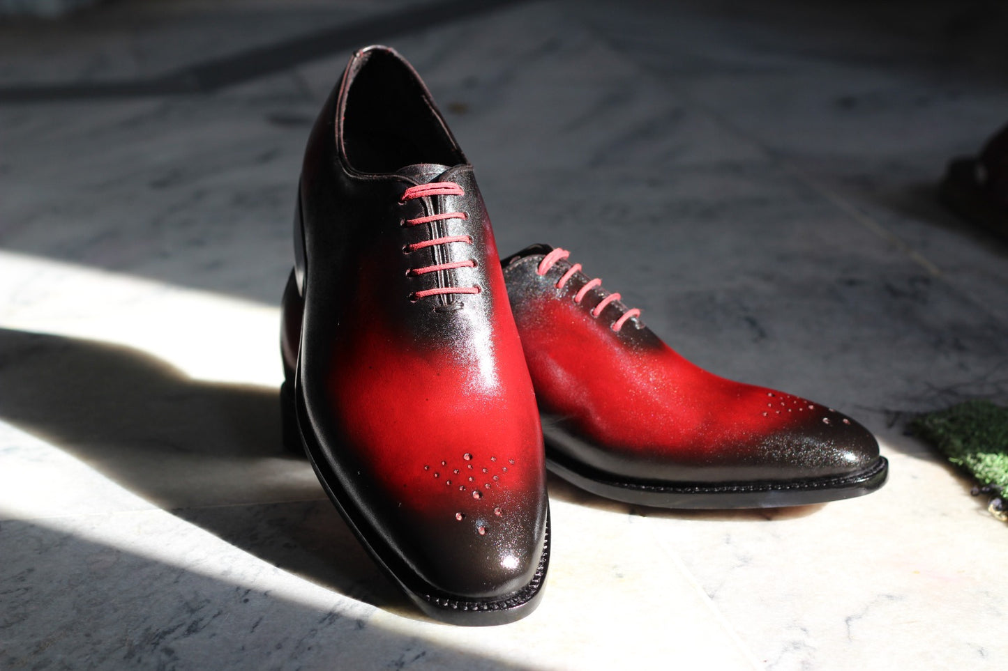 Handmade Men's Red and Black Derby Shoes with Closed lacing