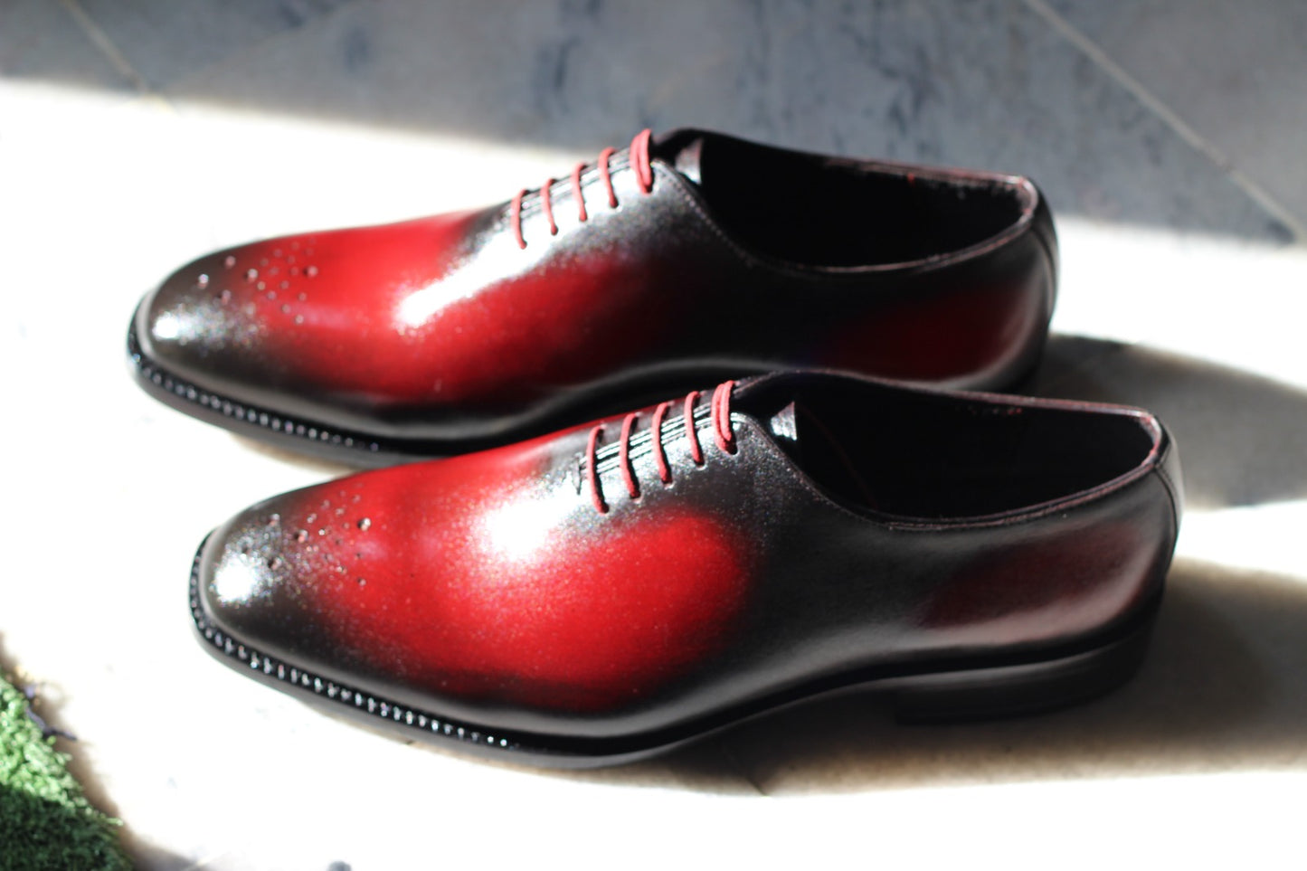 Handmade Men's Red and Black Derby Shoes with Closed lacing