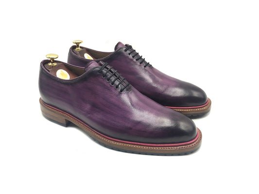 Handmade Men's Genuine Purple Leather Black Shaded Lace Up Oxford Dress Shoes