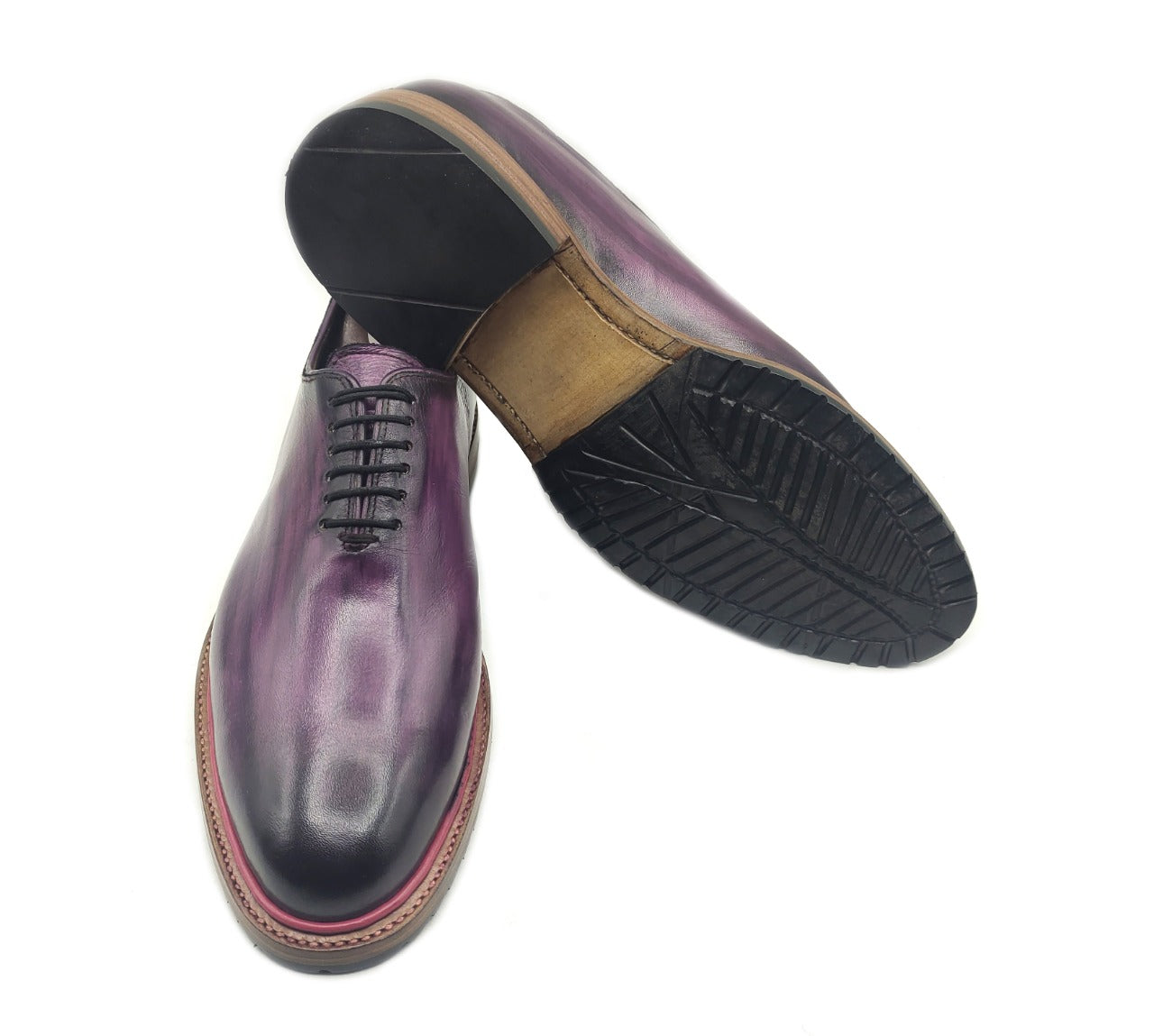 Handmade Men's Genuine Purple Leather Black Shaded Lace Up Oxford Dress Shoes