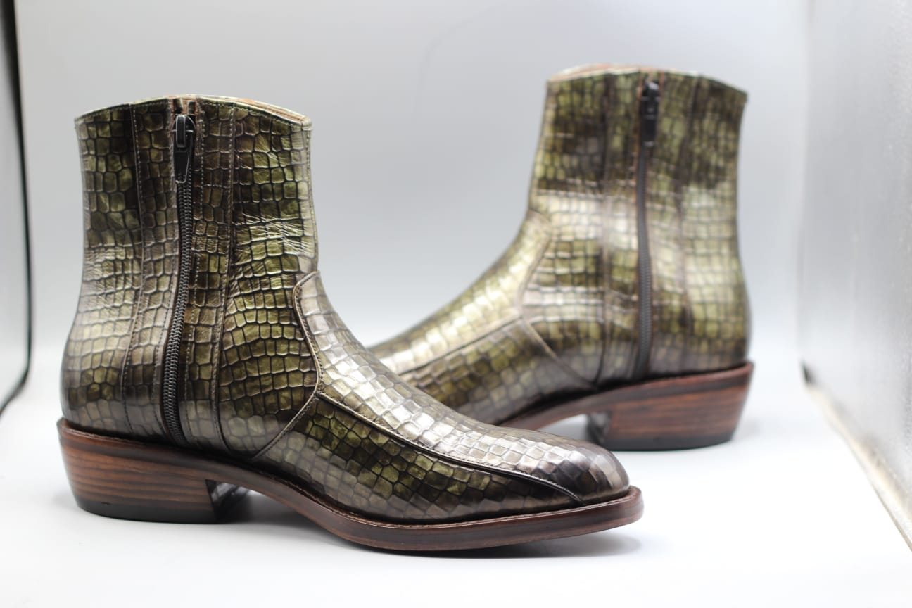 Handmade Men's Chelsea Crocodile Print Leather Boots